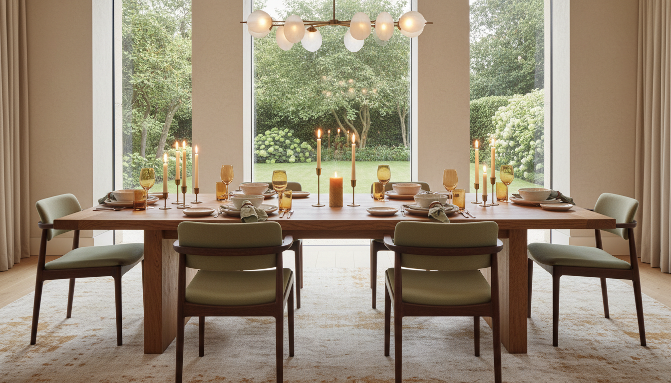 Wide dining room with a solid oak table in a considered Dutch interior